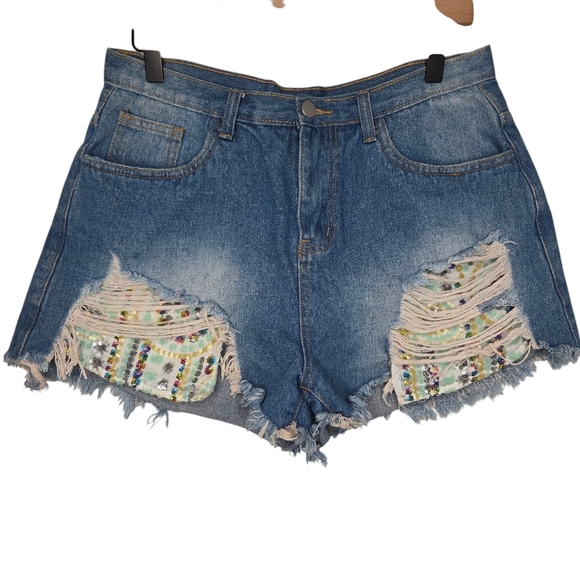 Hayden Los Angeles Distressed Colorful Sequins Pocket Jean Shorts Size Large - Picture 1 of 8